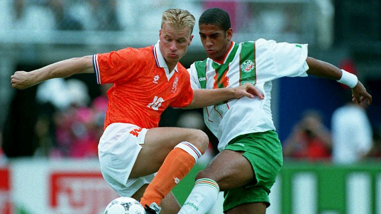 FLORIDA, UNITED STATES - July 4: Dennis Bergkamp of Holland and Phil Babb of Republic Of Ireland challenge during the FIFA World Finals Round Of 16 match between Holland and Republic Of Ireland at Citrus Bowl In Orlando on July 4, 1994 in Florida, United States. (Photo by Richard Sellers/Sportsphoto/Allstar via Getty Images) *** Local Caption ***Dennis Bergkamp; Phil Babb