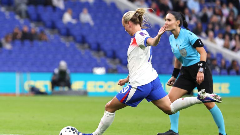 Beth Mead scores England's third goal in the victory over Ukraine