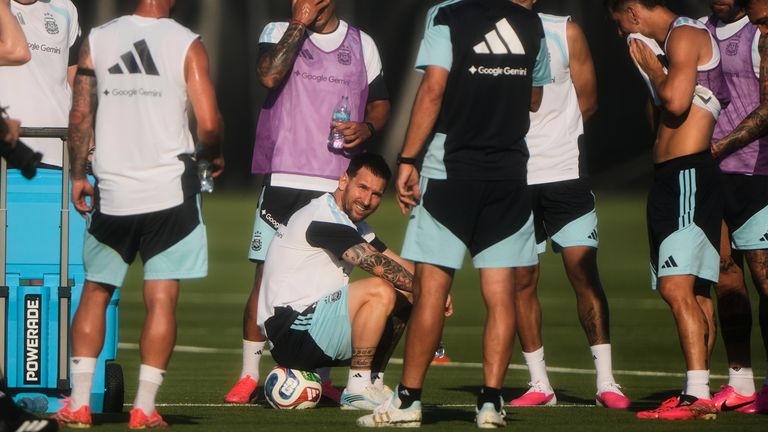 Argentina captain Lionel Messi takes a break with teammates during training ahead of the 2026 World Cup