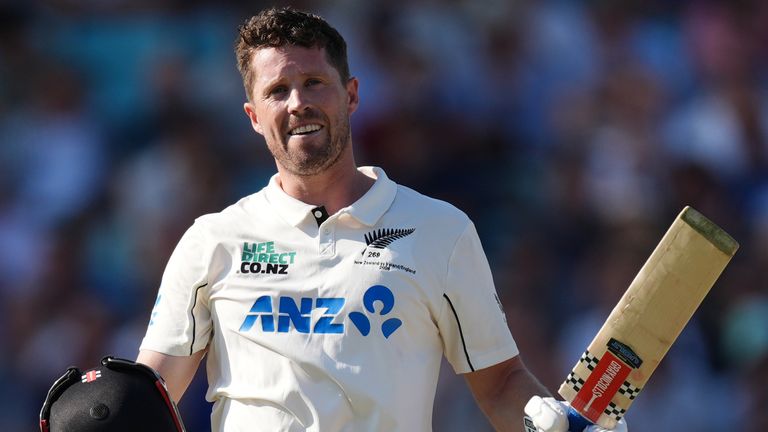 New Zealand's Henry Nicholls celebrates his 11th Test century, against England at The Kia Oval in June 2026 (PA Images)