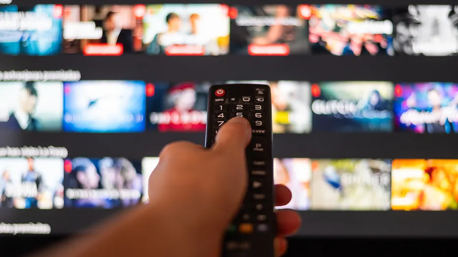 Hand Using A Television Remote Control. Internet Streaming Service Concept.