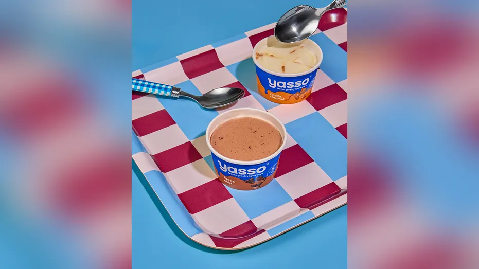 two flavors of yasso cups displayed on a tray