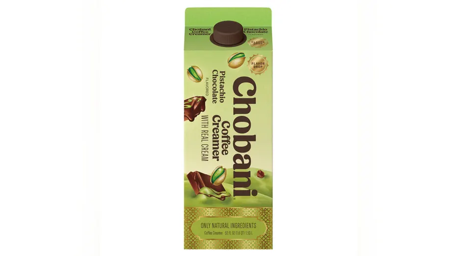 Carton of Chobani's chocolate pistachio coffee creamer.