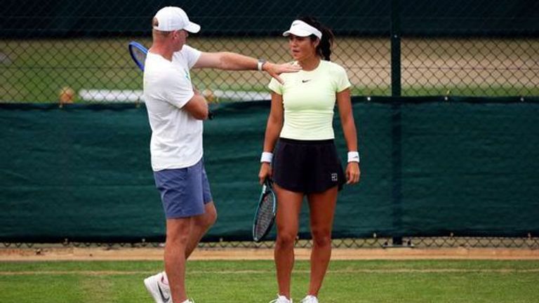 Emma Raducanu with her coach Mark Petchey during a practice session on day four of the 2025 Wimbledon Championships at the All England Lawn 