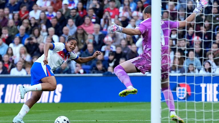 England's Jessica Carter scores their side's first goal of the game during the FIFA Women's World Cup 2027 Qualifying match at the Hill Dickinson Stadium, Liverpool. Picture date: Tuesday June 9, 2026. PA Photo. Photo credit should read: Peter Byrne/PA Wire...RESTRICTIONS: Use subject to restrictions. Editorial use only, no commercial use without prior consent from rights holder.