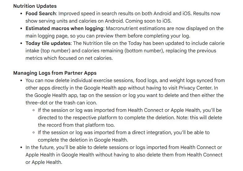 Google Health app's v5.02 update in June offers Nutrition and log management updates for Partnered apps.
