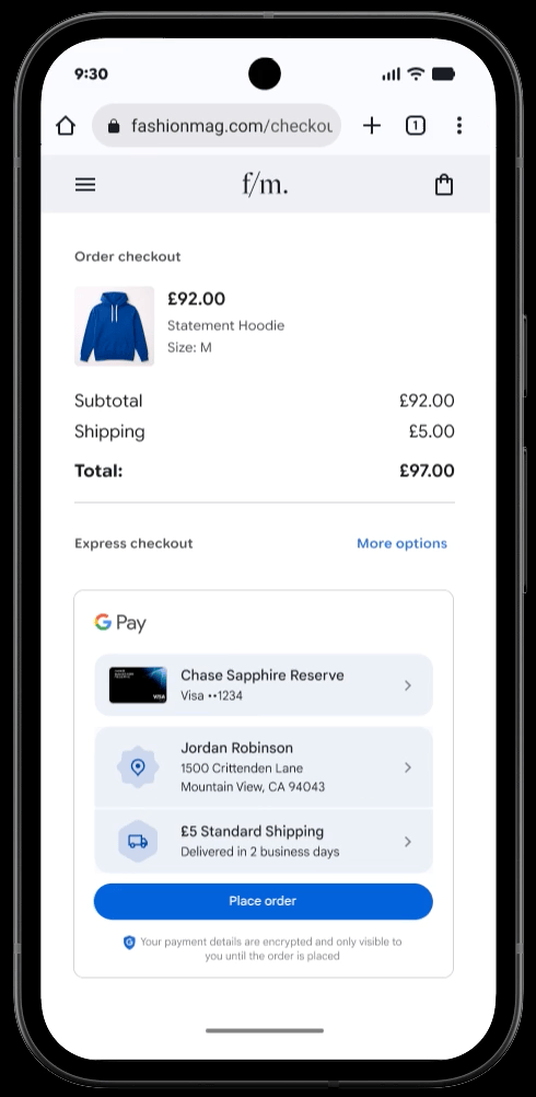 Google Pay direct checkout interface on mobile