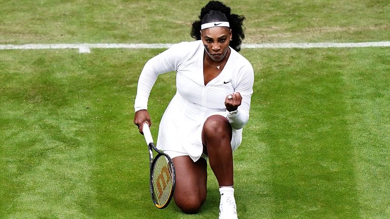 Serena Williams celebrates a break in serve against Harmony Tan in the first round match on centre court during day two of the 2022 Wimbledo