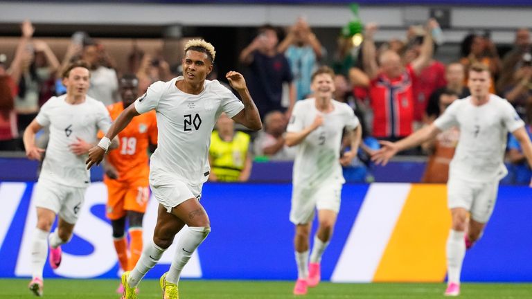 Norway's Antonio Nusa celebrates after scoring the opening goal 