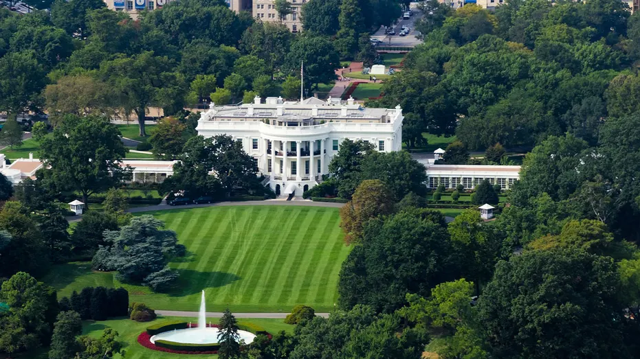 An aerial view of the White House lawn