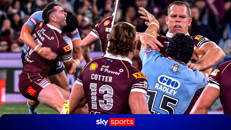 State of Origin: Players scuffle after huge hit between New South Wales and Queensland