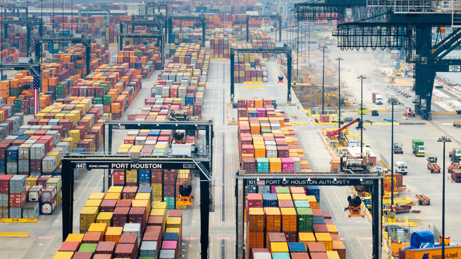 An aerial view of shipping containers at the Port of Houston