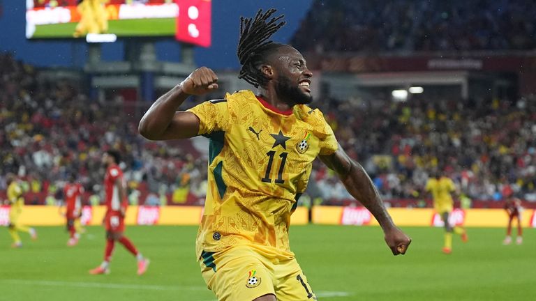 Ghana's Antoine Semenyo celebrates the opening goal by his teammate Caleb Yirenkyi during the World Cup Group L game against Panama