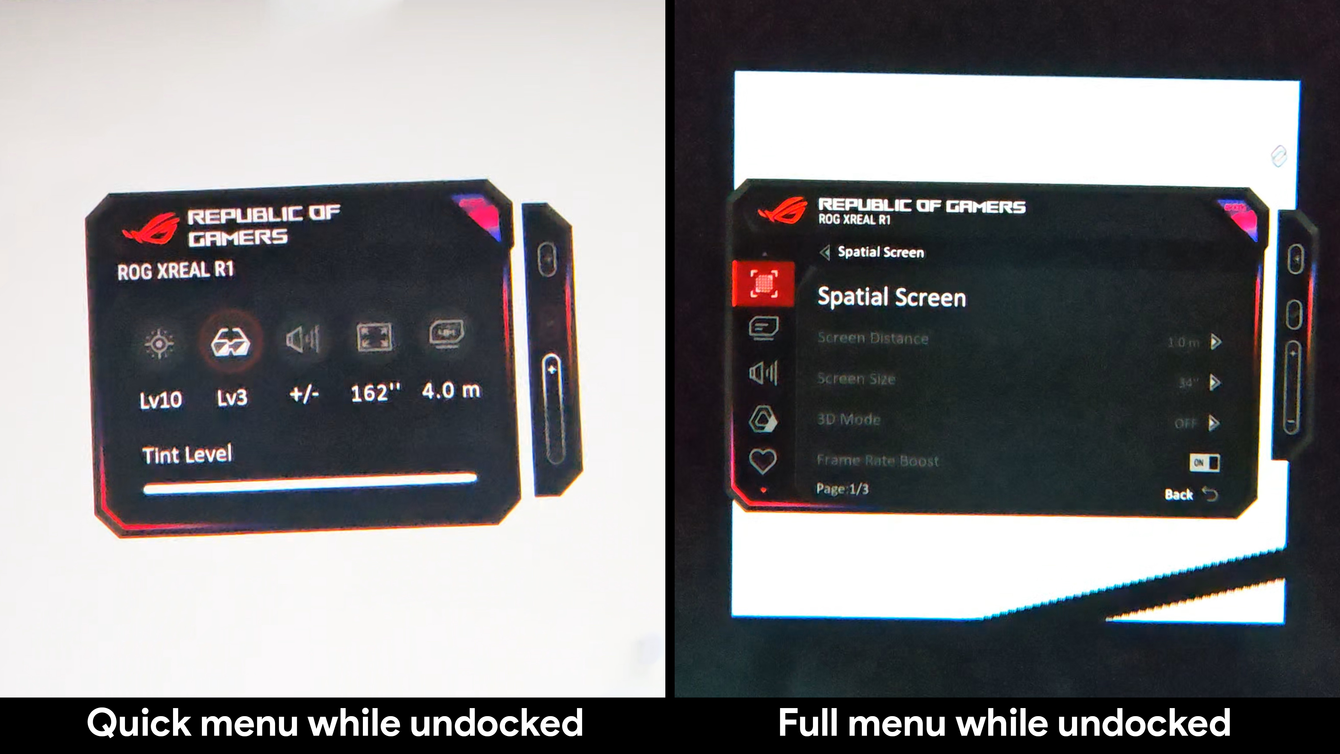 The OSD menu on Xreal ROG R1 smart glasses