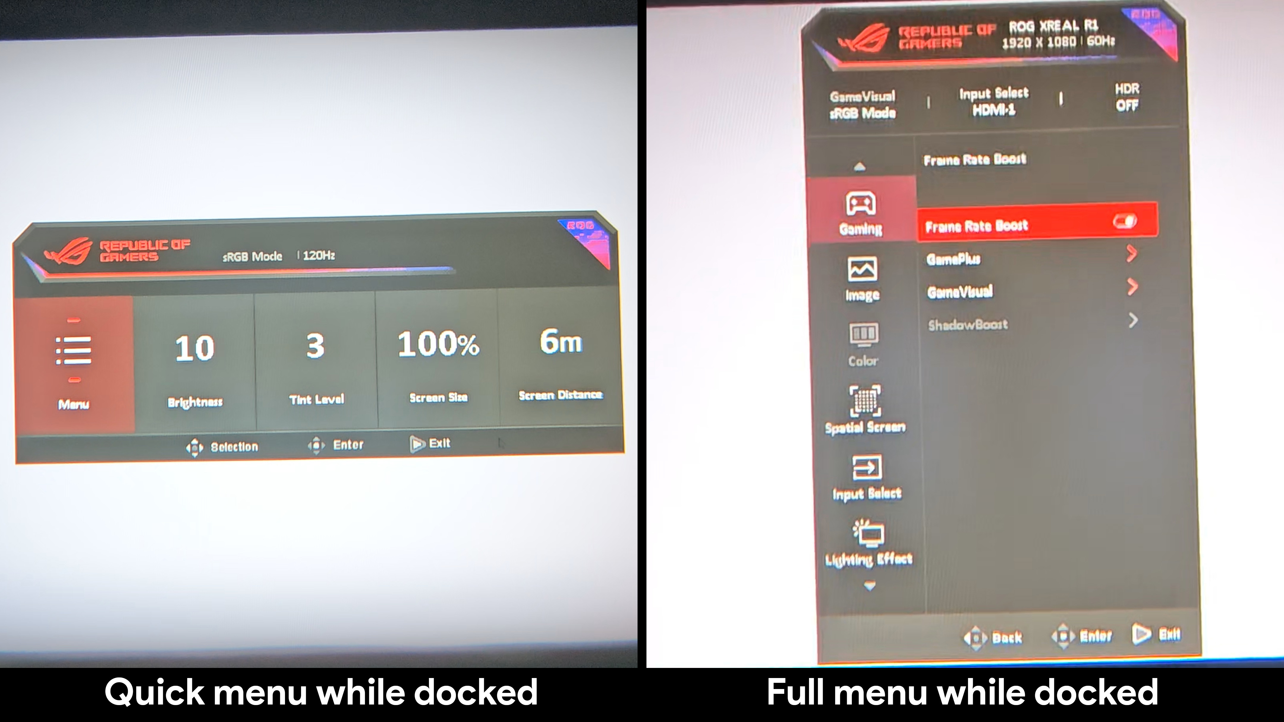 The OSD menu on Xreal ROG R1 smart glasses while attached to its dock
