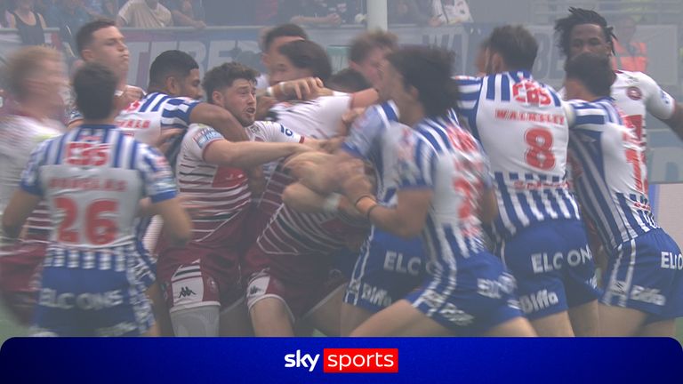 Tempers exploded almost instantly as Wigan Warriors and St Helens players were involved in a mass brawl just 10 seconds after kick-off