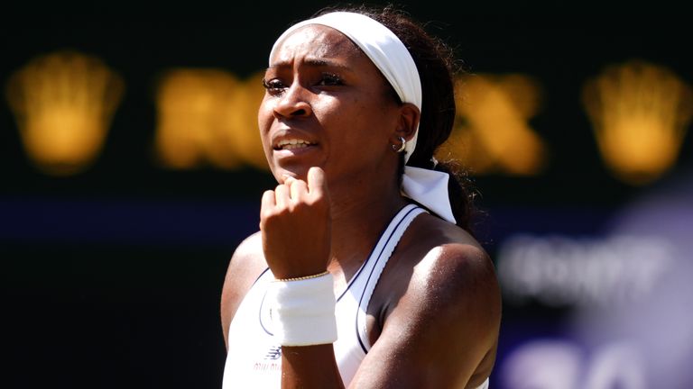 Coco Gauff of the United States celebrates winning the 2nd set during her Ladies' Singles match against Jessica Pegula of the United States 