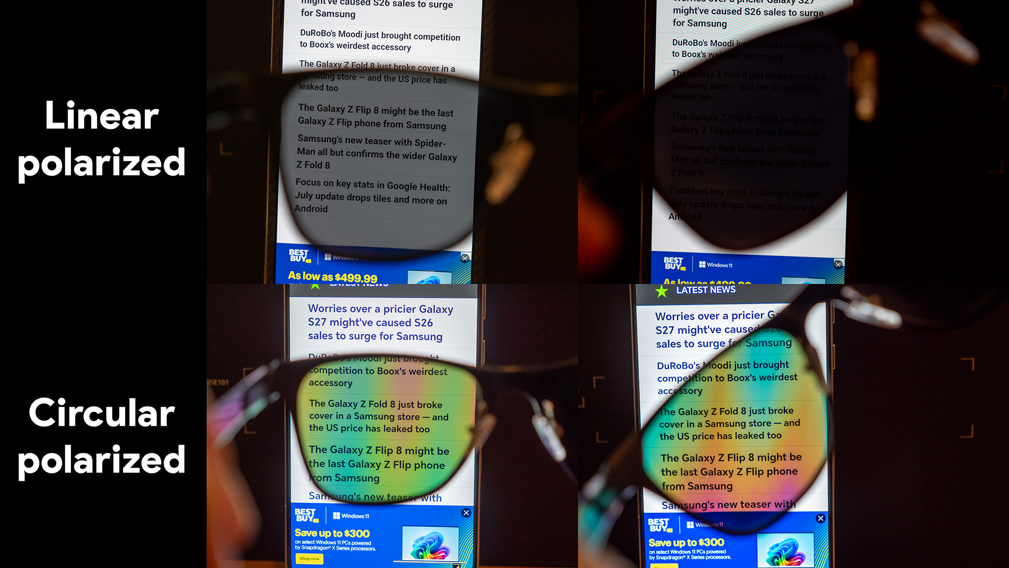 Comparing a linear polarized display (Motorola Razr Fold) with a circular polarized display (Honor Magic 8 Pro)