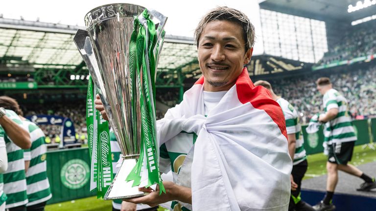 GLASGOW, SCOTLAND - MAY 16: Celtic's Daizen Maeda with the trophy during a William Hill Premiership match between Celtic and Heart of Midlothian at Celtic Park, on May 16, 2026, in Glasgow, Scotland. (Photo by Craig Williamson / SNS Group)