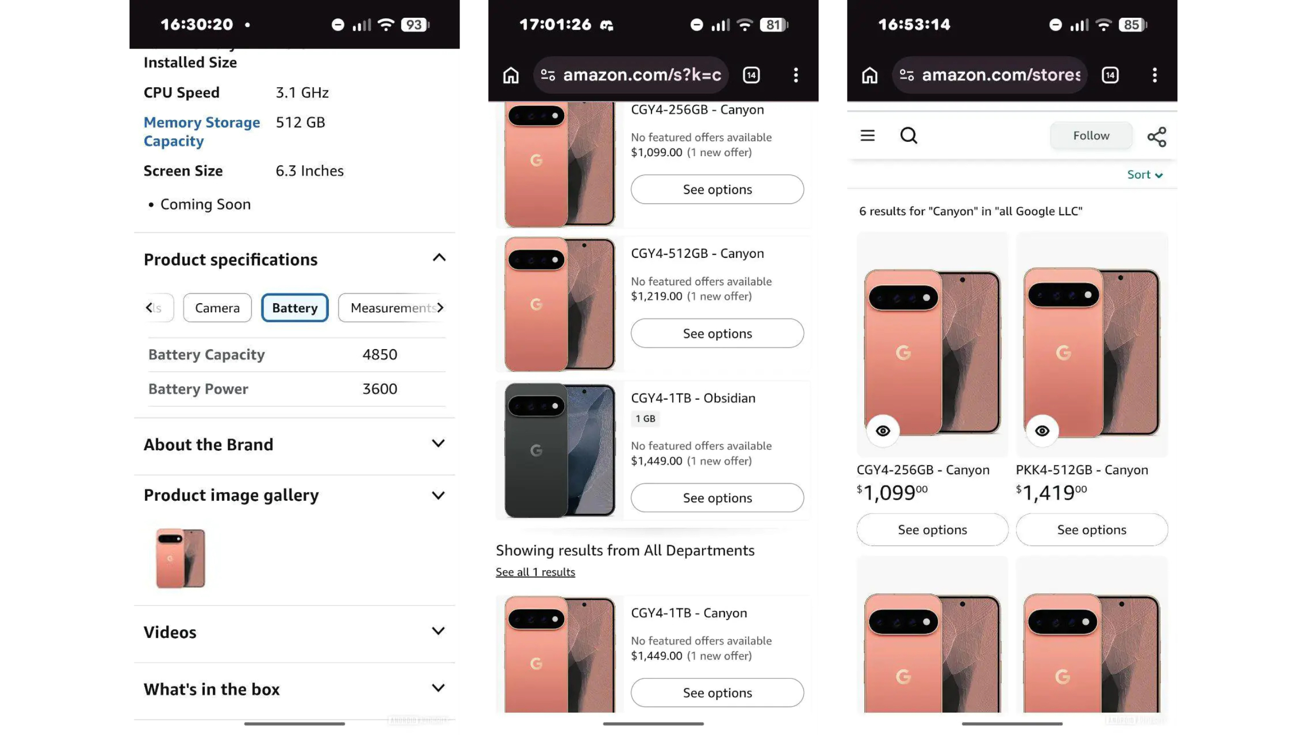 Lead Pixel 11 series specifications, USA price on Amazon listing.