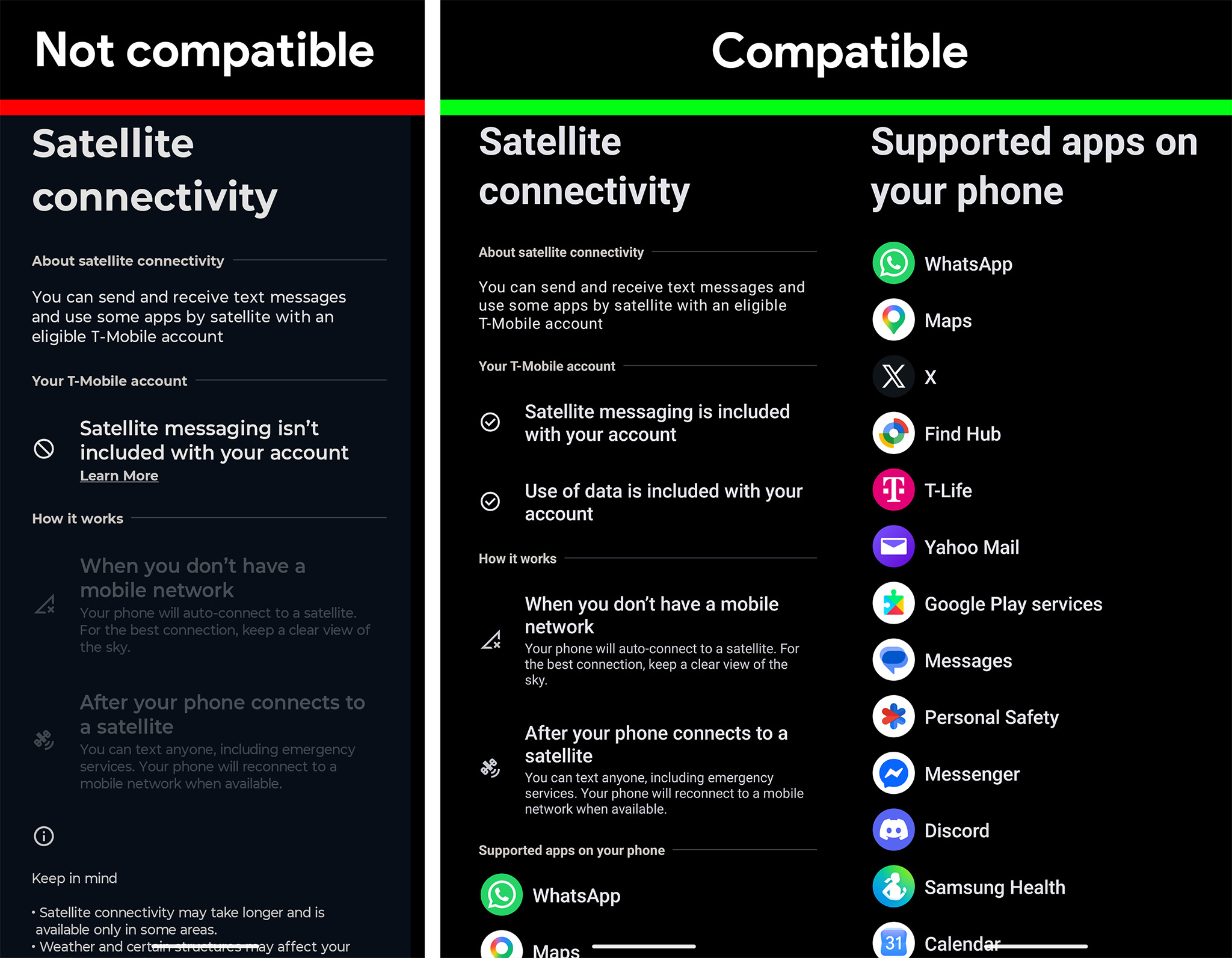 T-Mobile T-Satellite connectivity compatibility as seen on a Motorola Razr Fold on two different T-Mobile plans