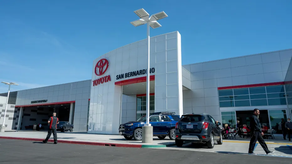 The outside of a new Toyota dealership in San Bernardino, California.