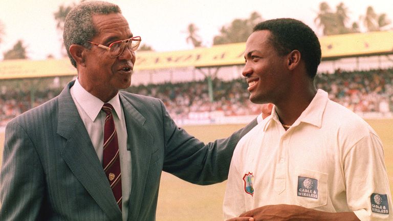 Sir Garfield Sobers (left) was present to witness Brian Lara (right) surpass his 365 not out against England in Antigua in 1994