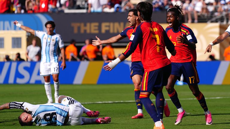 Spain's Nico Williams reacts after seeing his strike on goal ruled out by VAR 