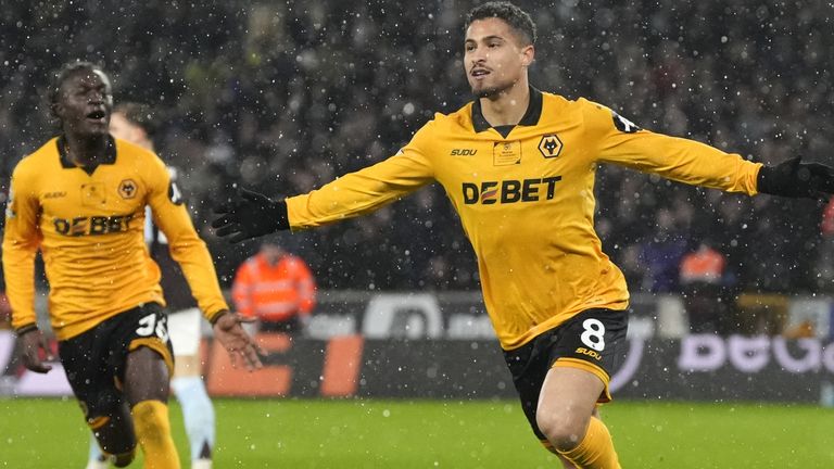 Joao Gomes celebrates putting Wolves 1-0 up against Aston Villa