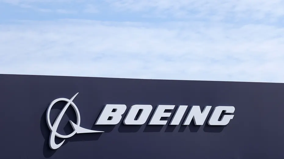 A logo outside the Boeing Co. chalet at the Farnborough International Airshow