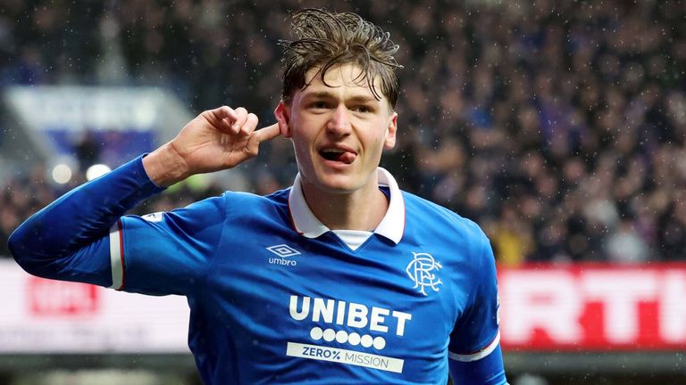 Ryan Naderi celebrates after giving Rangers the lead against Dundee United
