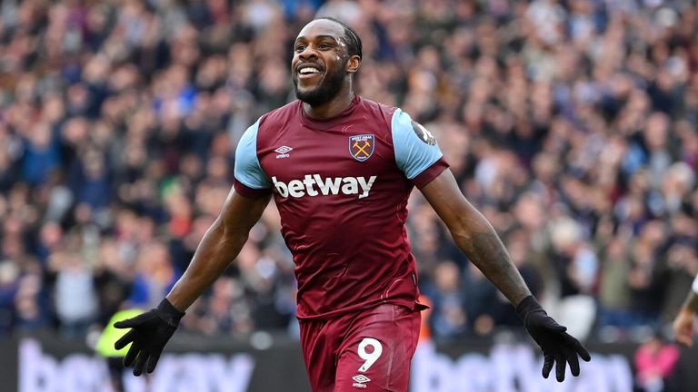 Michail Antonio celebrates after heading West Ham in front against Aston Villa