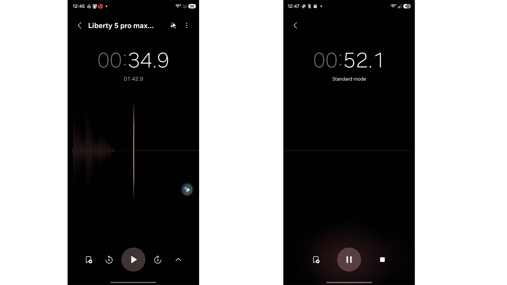 Screenshots of the Galaxy S25 voice recorder app, connected to the Soundcore Liberty 5 Pro Max earbuds