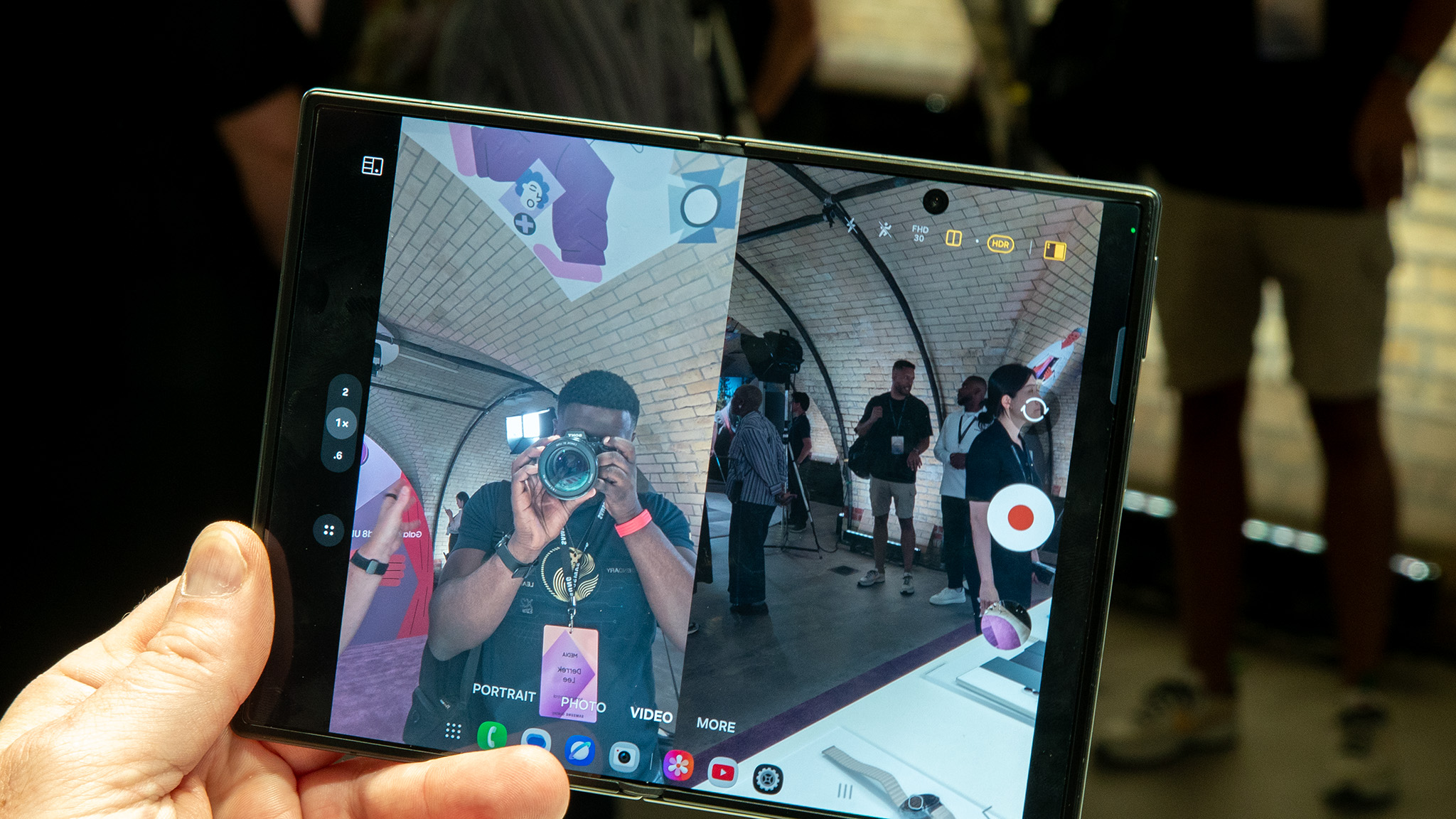 Recording a video on a Samsung Galaxy Z Fold 8 at a hands-on event