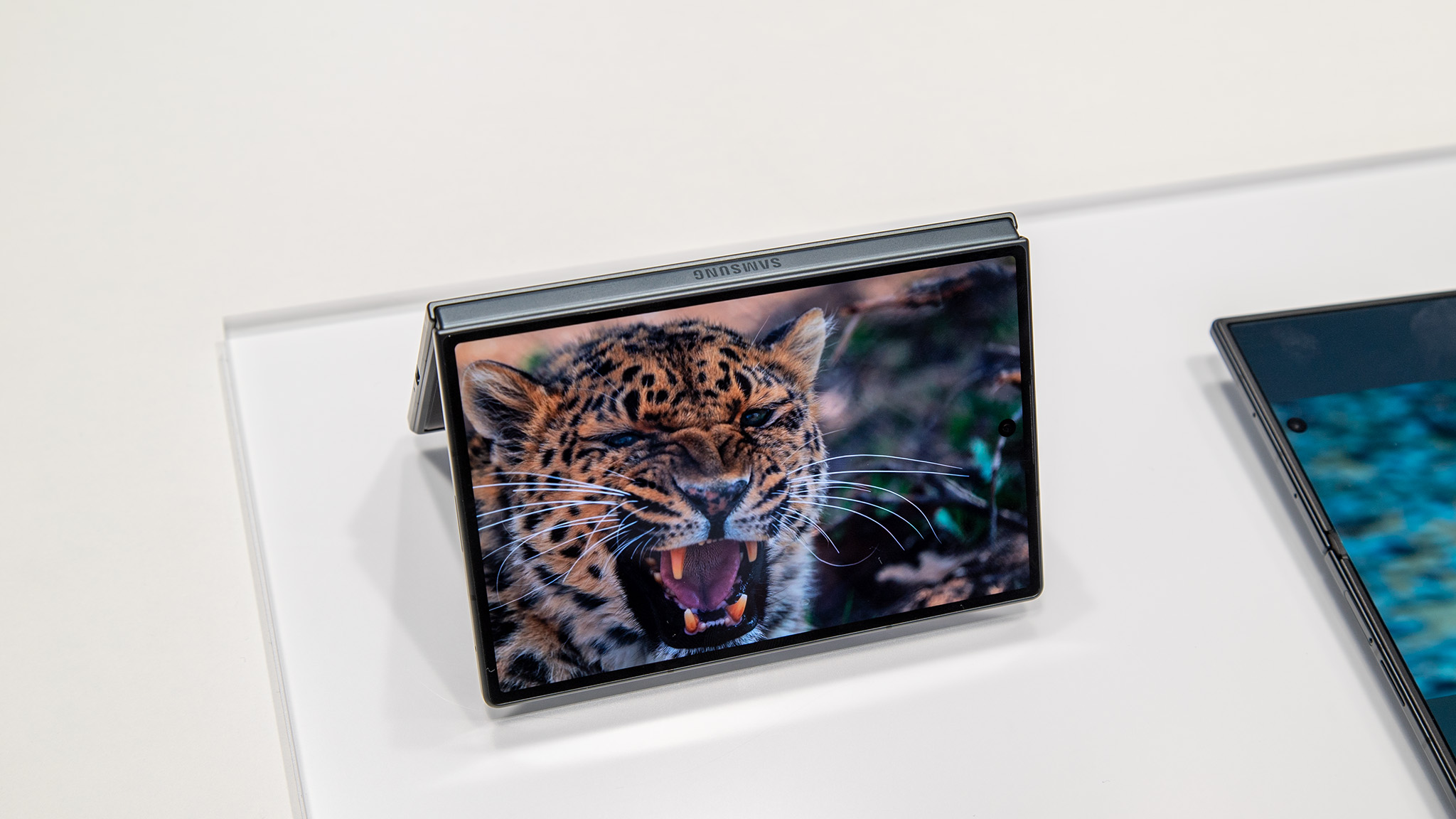 Watching a video on the Samsung Galaxy Z Fold 8's cover screen at a hands-on event