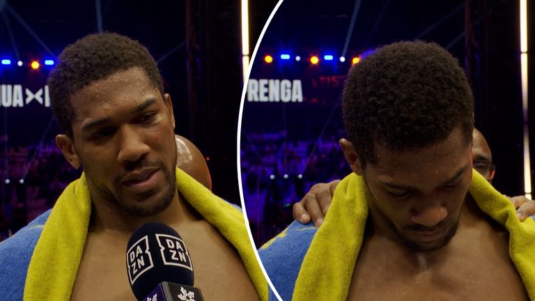 An emotional Anthony Joshua dedicates his win over Kristian Prenga to his late friends after the tragic car crash. Courtsey of DAZN.