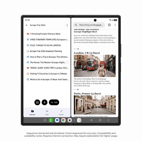 Gemini Notebook on the Galaxy Z Fold 8 is true to its multitasking nature, letting users easily drag and drop content into the AI digital notebook.
