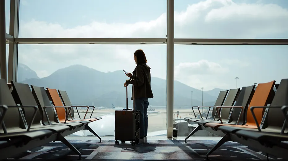 woman in airport lounge waiting for flight aircraft