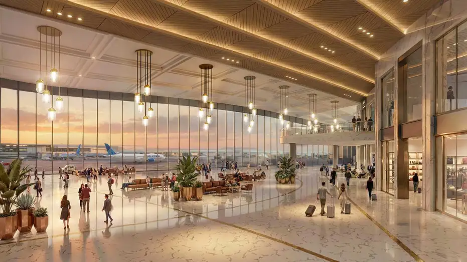A conceptual rendering shows a proposed interior space as part of plans to modernize Dulles airport.