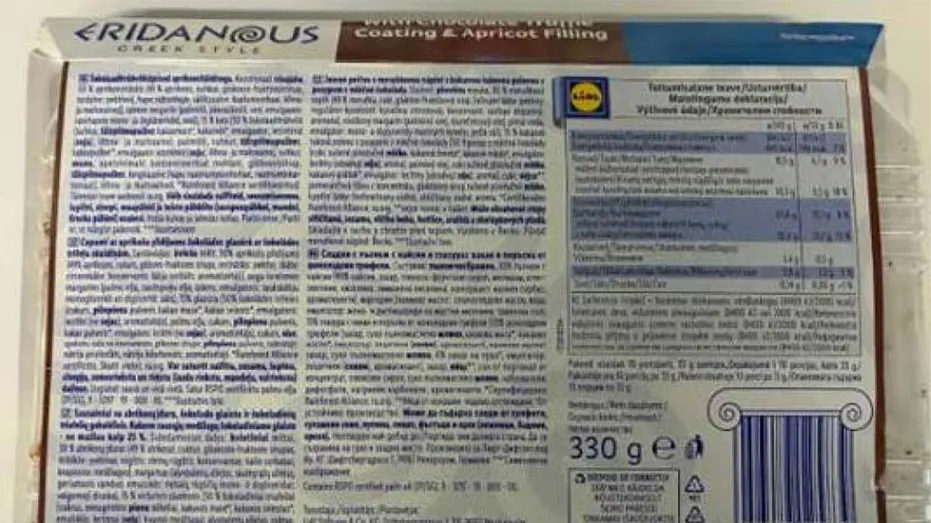 Back of recalled Eridanous cookie package with foreign-language label missing English allergen information