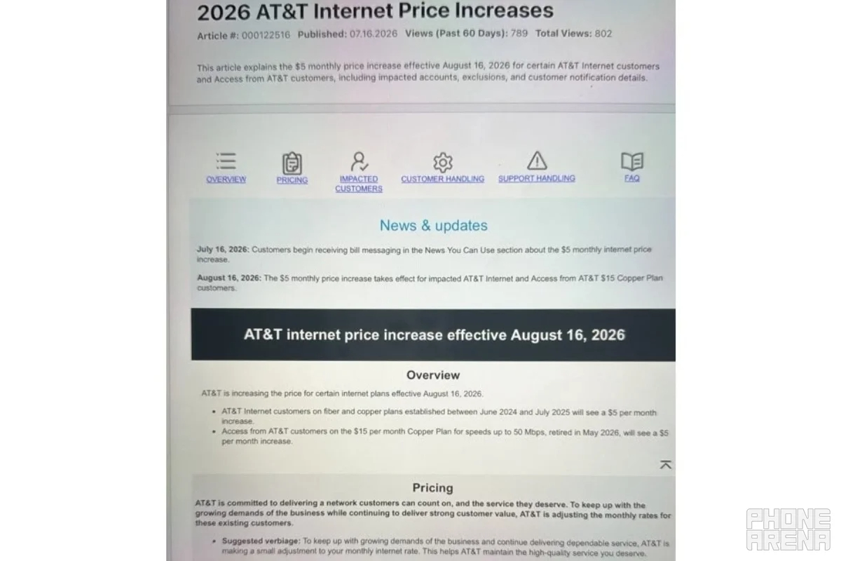 internal documents showing AT&T's planned price increase for internet services
