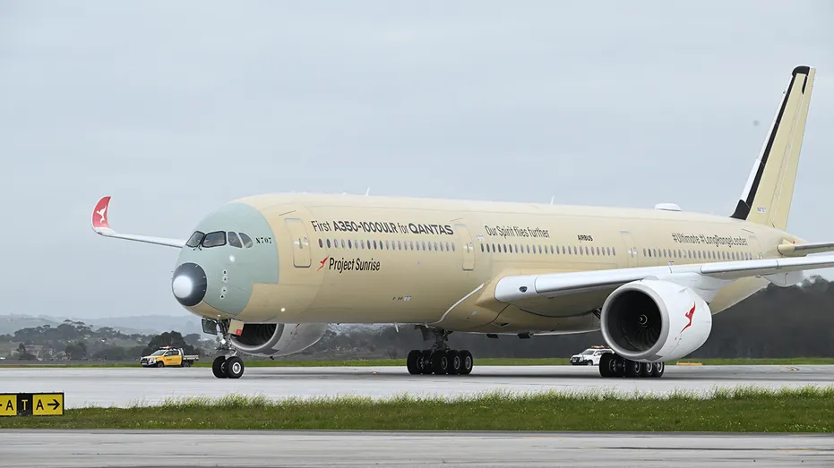 An Airbus A350-100ULR after landing at Melbourne Airport