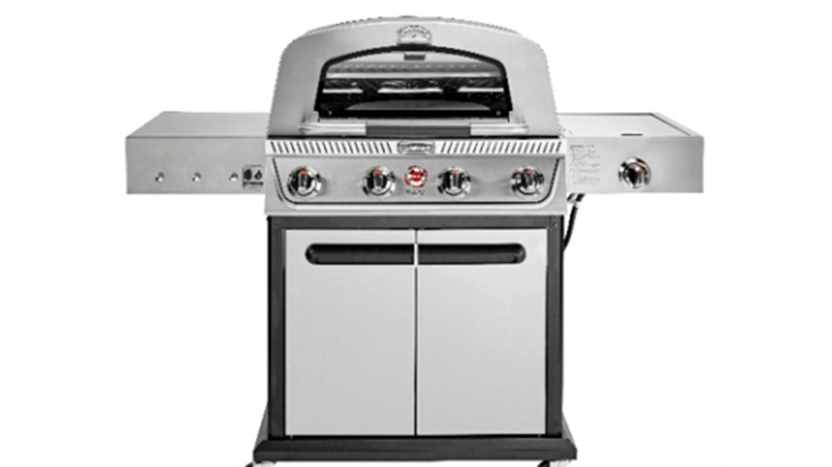 Stainless steel gas grill with four control knobs, side shelves and a double-door storage cabinet, shown against a white background.