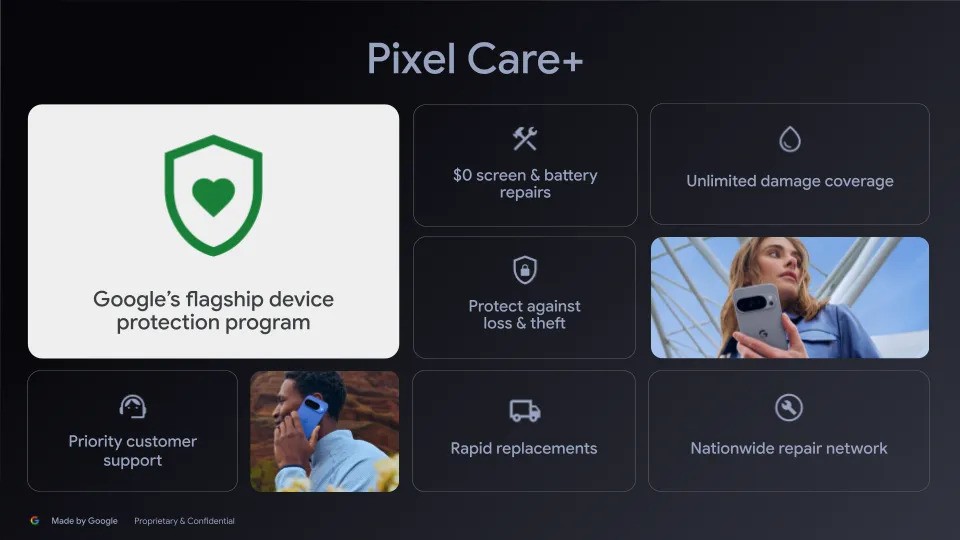 An info sheet for Google's new Pixel Care+ protections program for its devices.