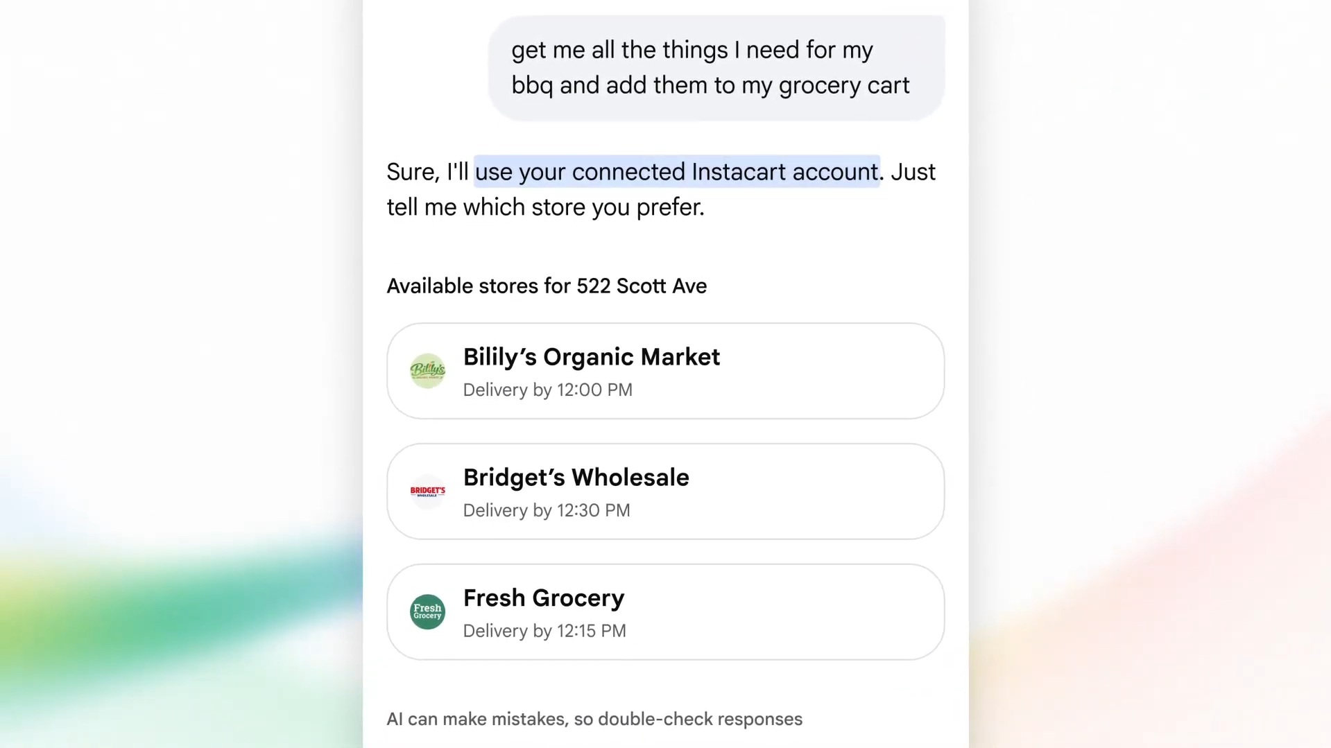Google's AI Mode lets users connect their Instacart account for AI shopping, and it will ask which store they'd prefer to order from.