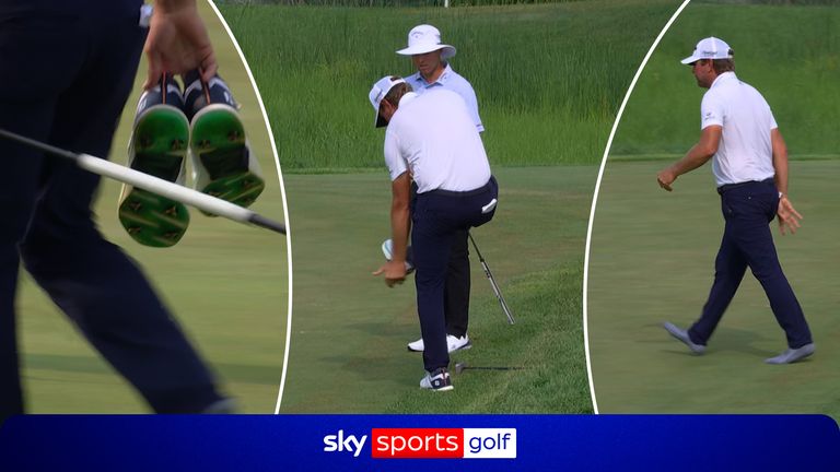 Glover takes off shoes.