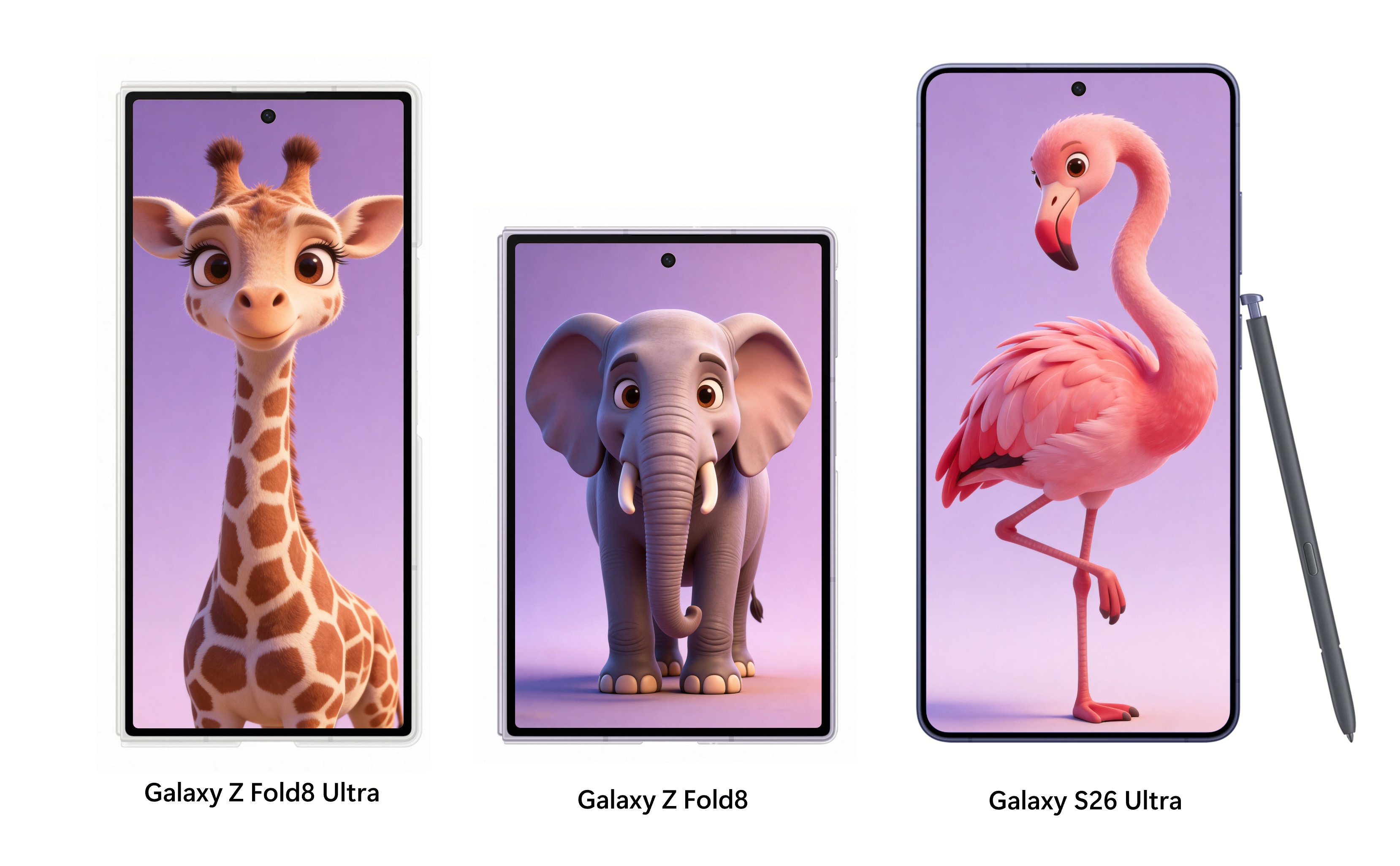 Product render comparing the sizes of Galaxy Z Fold 8 Ultra, Galaxy Z Fold 8, and Samsung Galaxy S26 Ultra.