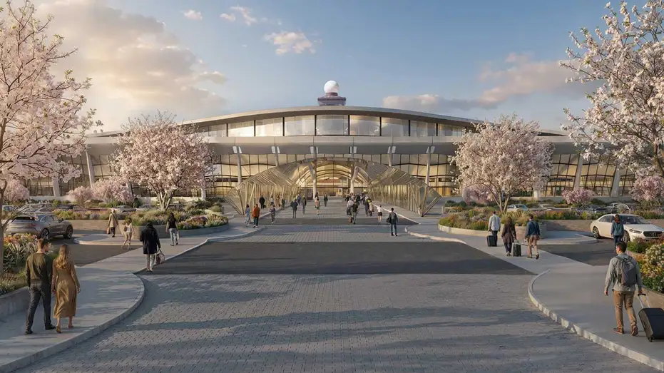 A conceptual rendering shows a proposed exterior entrance and landscaped approach at Dulles airport.