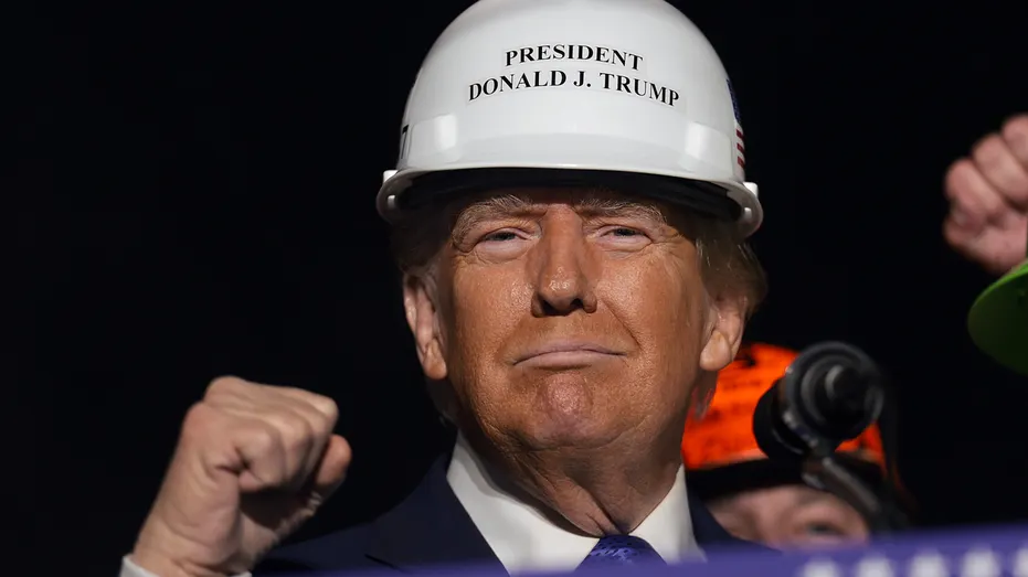 President Donald Trump, wears a hard hat