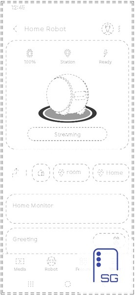 An alleged illustration of what a Samsung Ballie app could look like, displaying battery, location, status icons, Ballie's round design, and more.